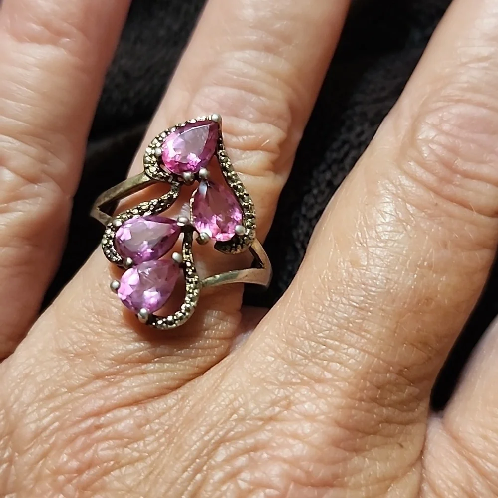 925 Sterling Silver Pink Rhodolite Ring Size 8.5 TGGC Genuine Gemstone Teardrop